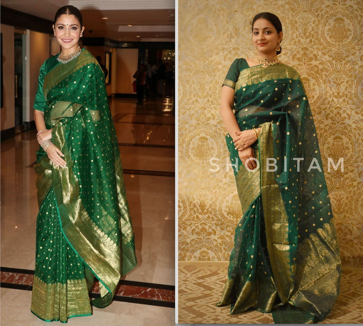 Authentic Emerald Green Chanderi Silk Saree with dense dainty buttas and Wide Zari Buttas. Celebrity Saree