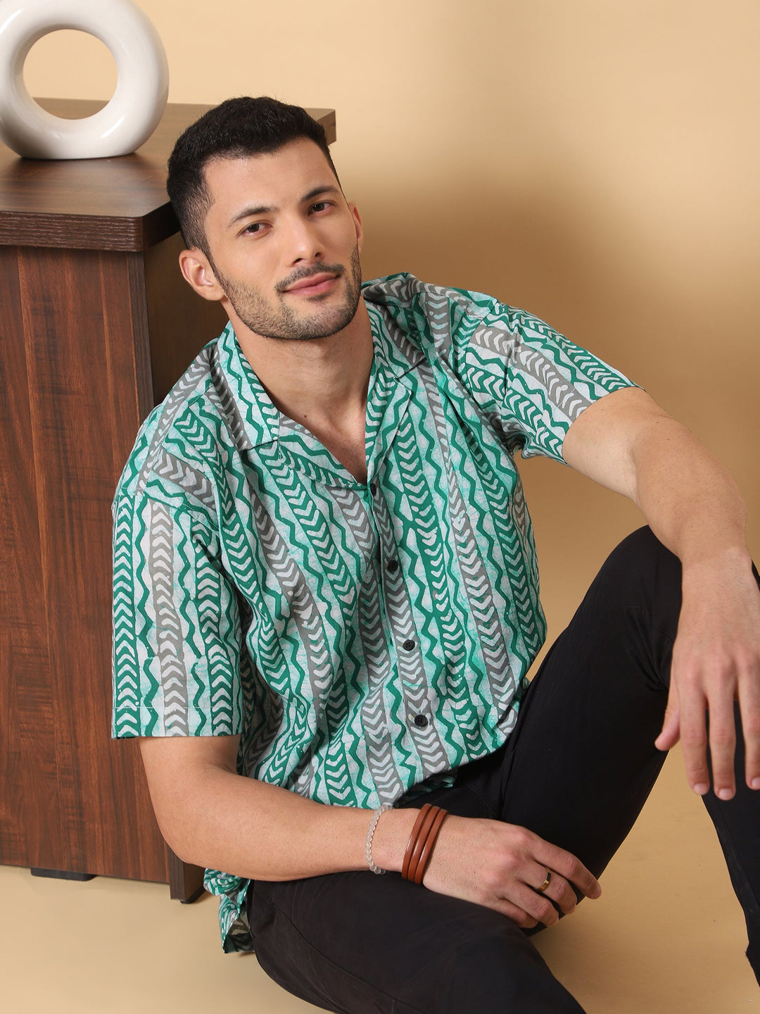 Sagebrush Ajrakh Batik Print Cotton Shirt in Green