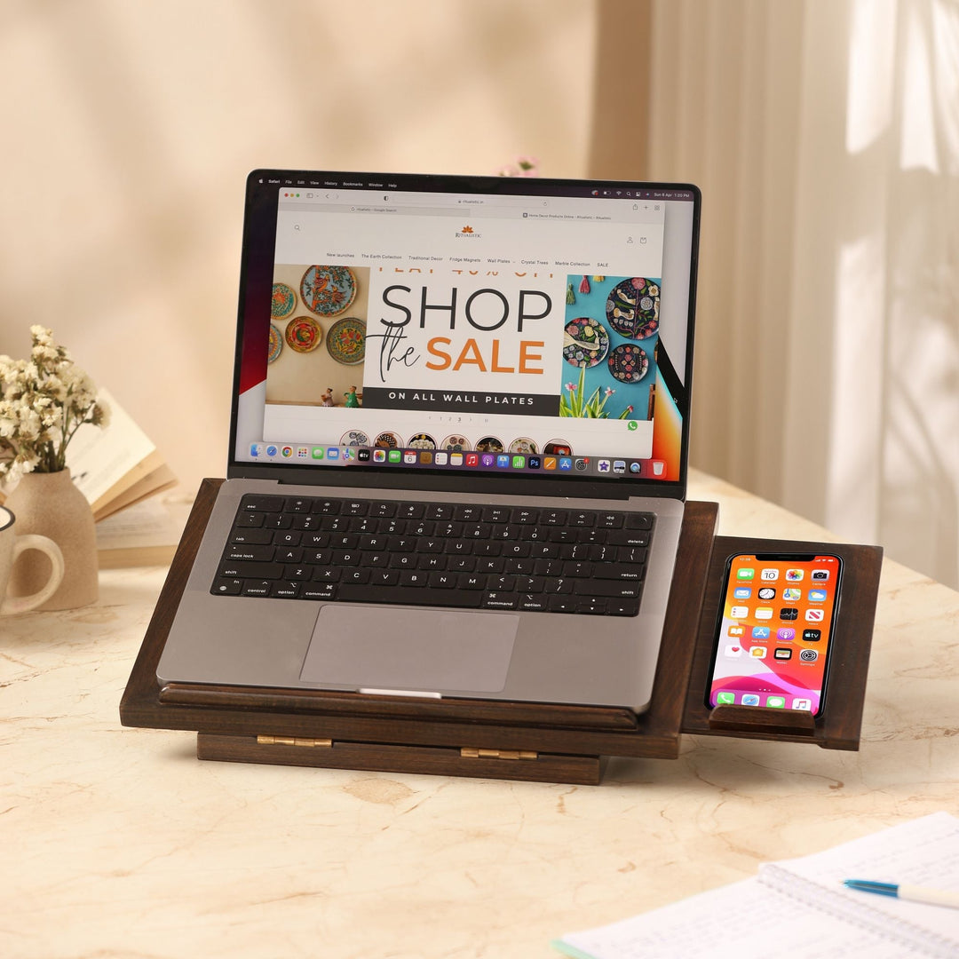 Floral Blossom Wooden Laptop Stand with Mobile Phone Tray