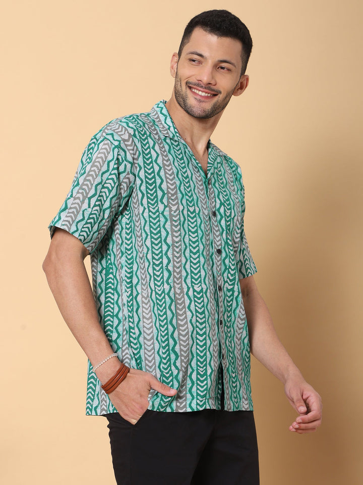 Sagebrush Ajrakh Batik Print Cotton Shirt in Green