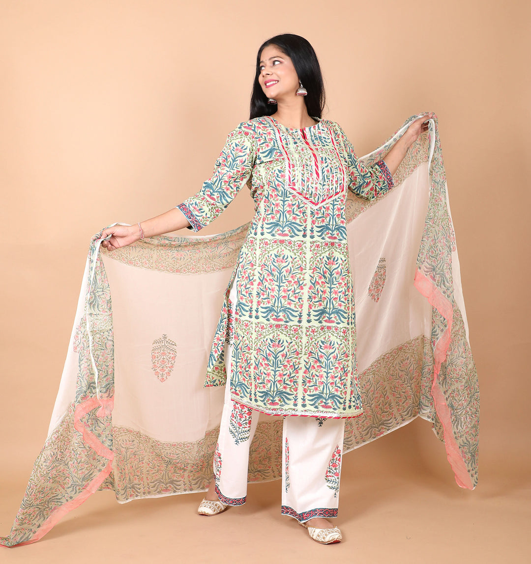 Bageecha 3 Piece Cotton Suit with Gota Detailing with Persian Floral Prints