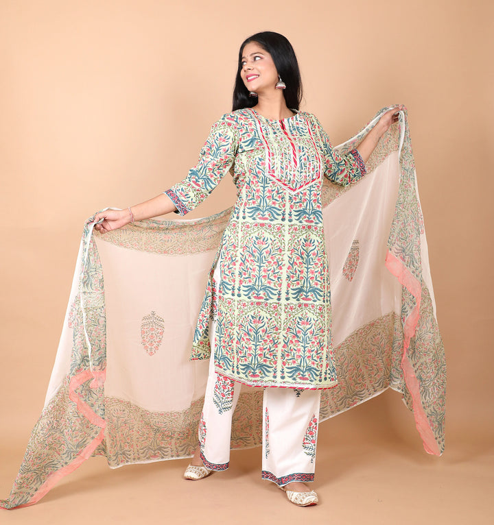 Bageecha 3 Piece Cotton Suit with Gota Detailing with Persian Floral Prints