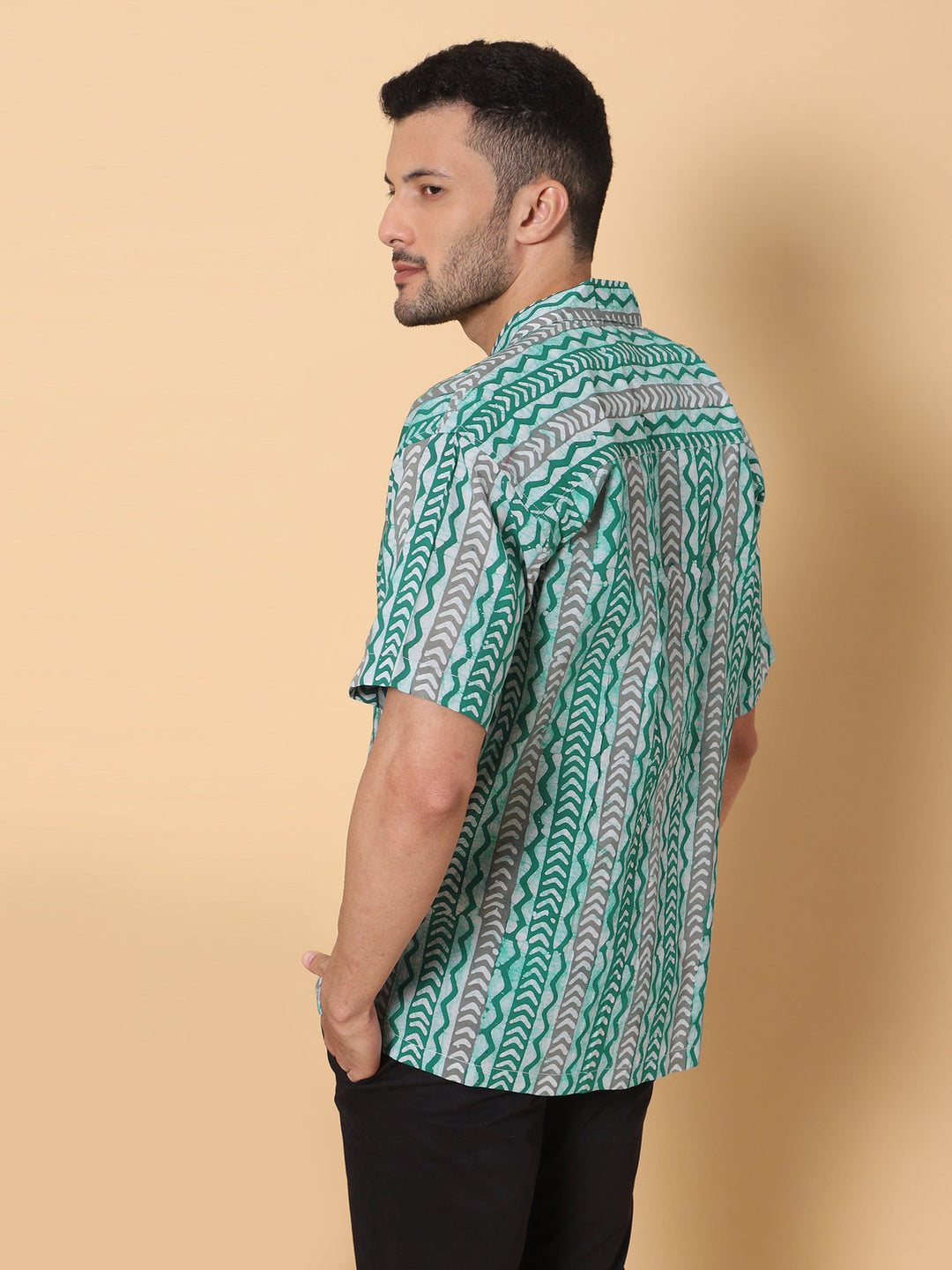 Sagebrush Ajrakh Batik Print Cotton Shirt in Green
