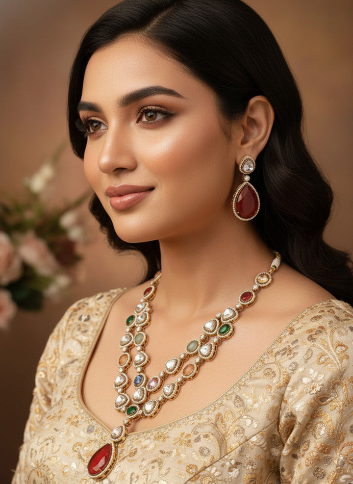 Multicolour Gold Plated Jaipuri Bead Stone Polki Necklace Set | SHOBITAM