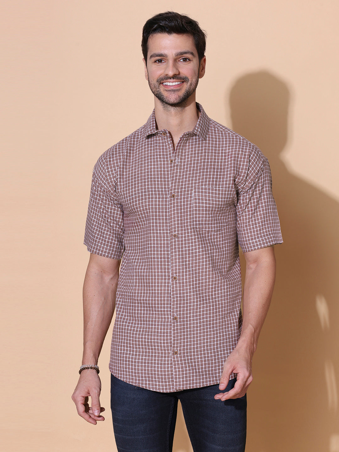 Brown Checkered Pure Khadi Half Sleeve Cotton Shirt