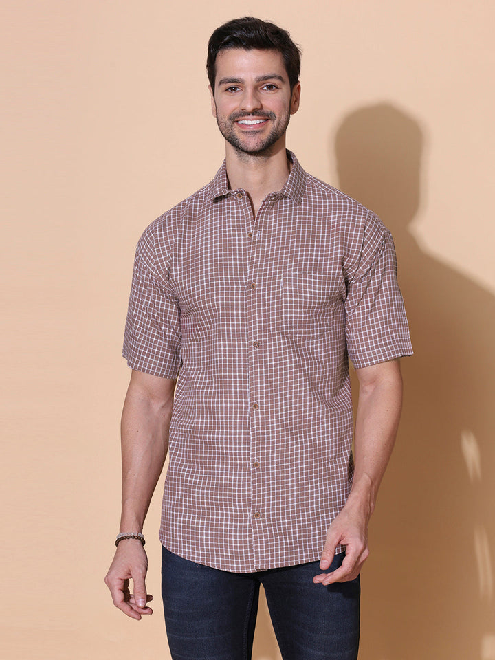 Brown Checkered Pure Khadi Half Sleeve Cotton Shirt