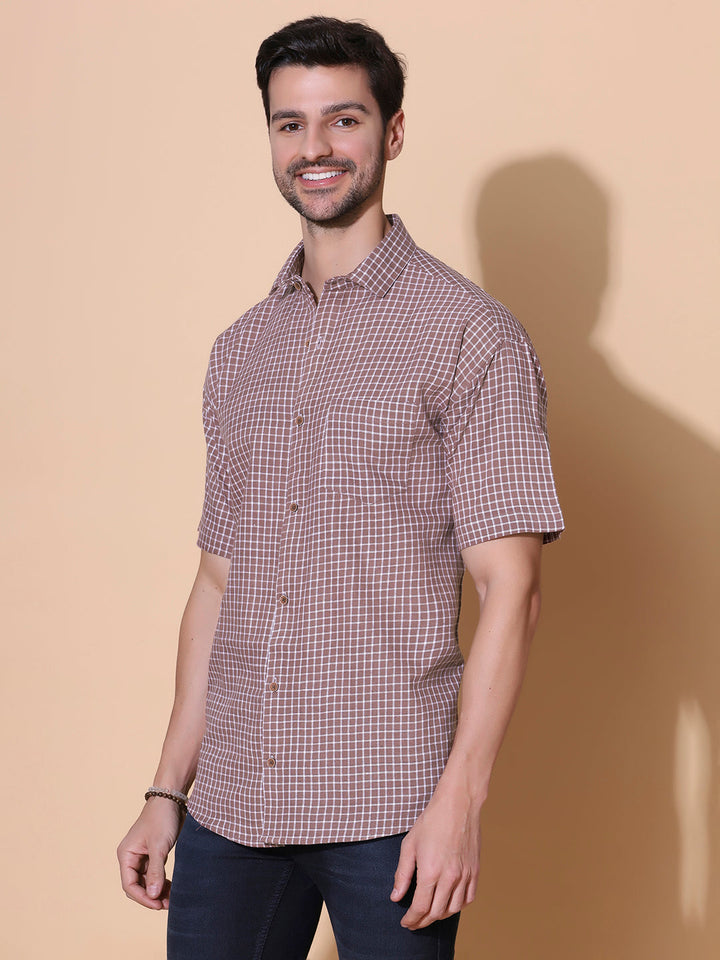 Brown Checkered Pure Khadi Half Sleeve Cotton Shirt