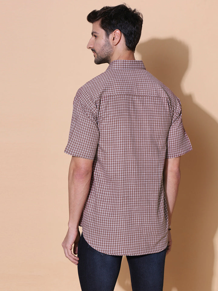 Brown Checkered Pure Khadi Half Sleeve Cotton Shirt