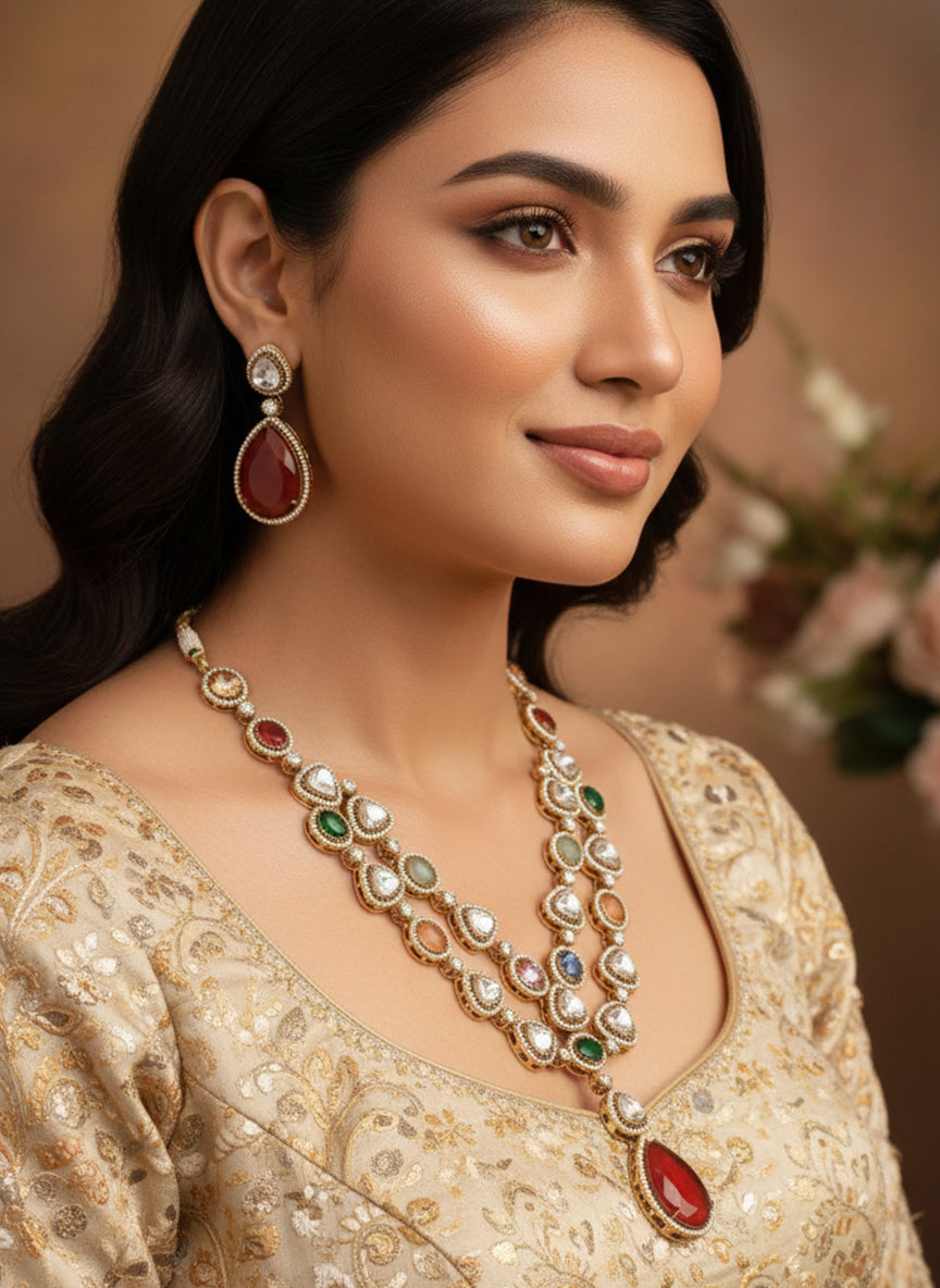 Multicolour Gold Plated Jaipuri Bead Stone Polki Necklace Set | SHOBITAM