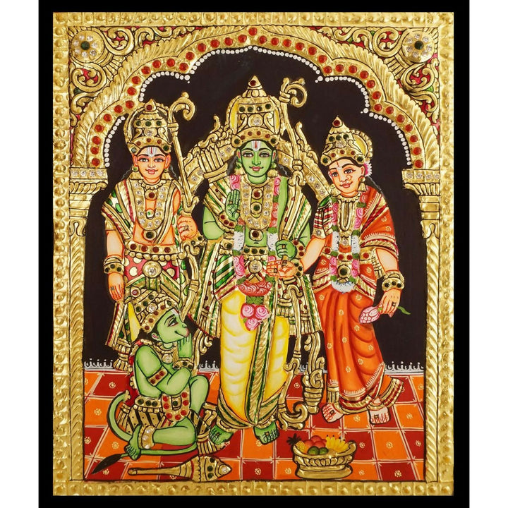 12x10" Kodanda Rama Tanjore Painting, Authentic With 22 Ct gold Foil and Jaipur Gemstones ,Unframed | SHOBITAM