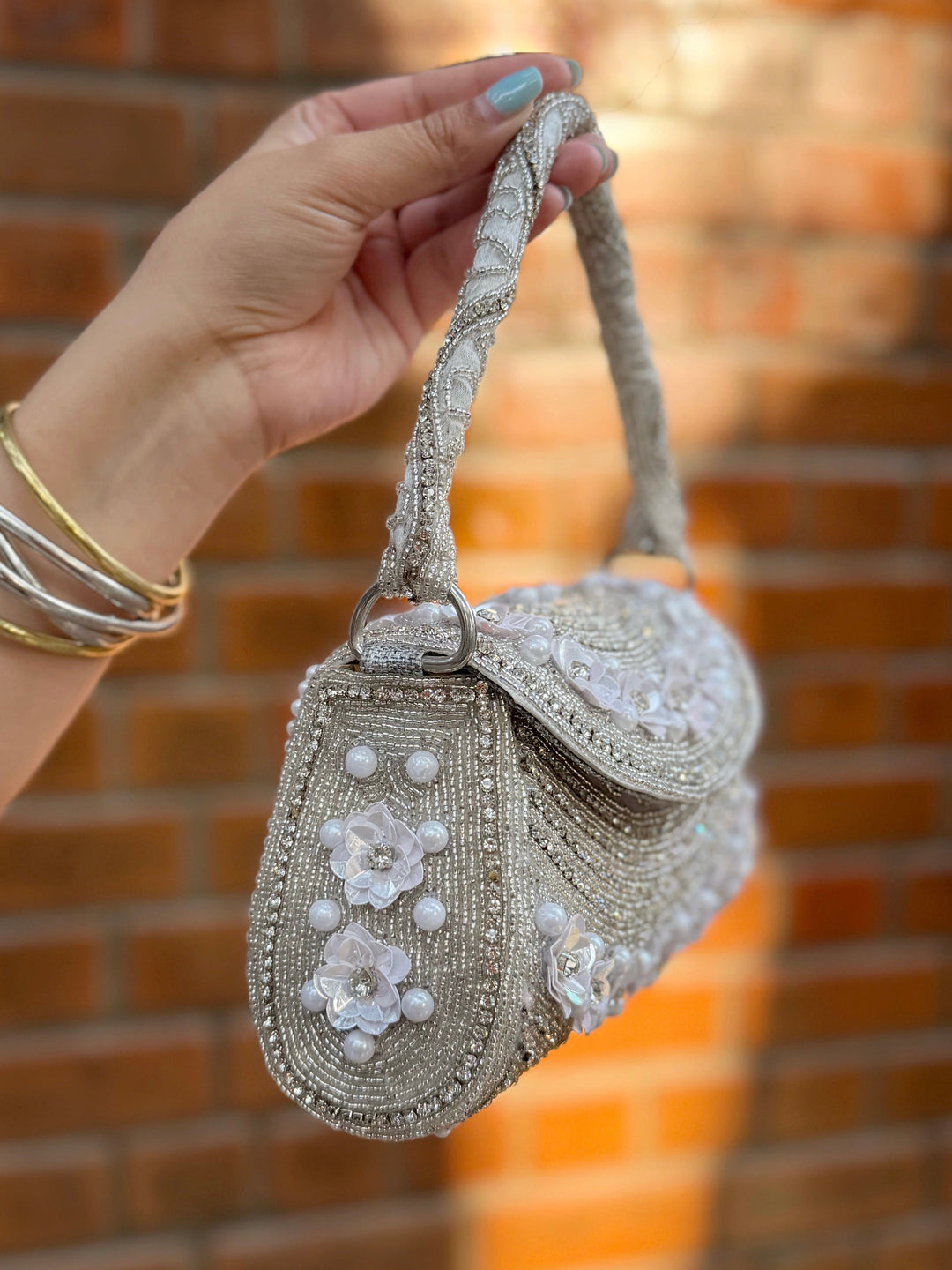 SILVER MUSE Shimmery Beads and Floral bag