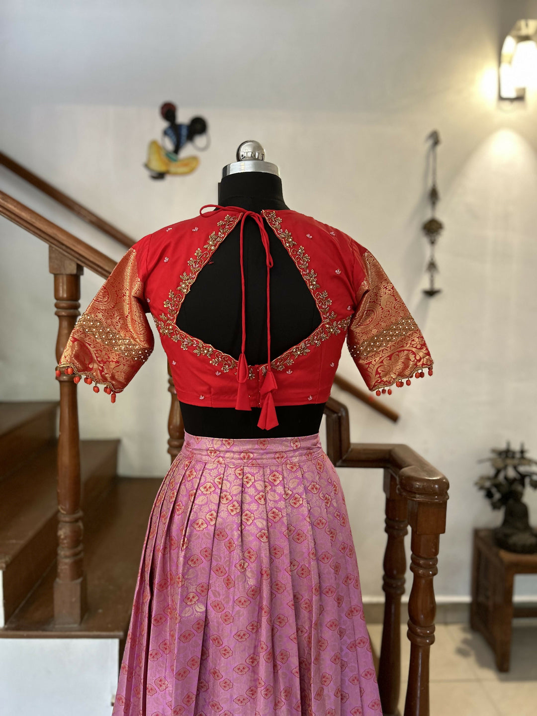 Rose Pink Brocade Skirt With Red Blouse | SHOBITAM