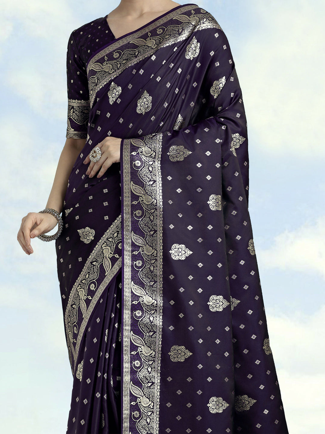 Purple Woven Banarasi Satin Silk Saree | SHOBITAM