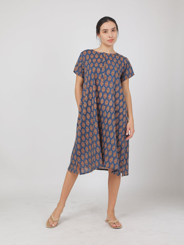 Jaipuri Blue Cotton Dress for Women | SHOBITAM