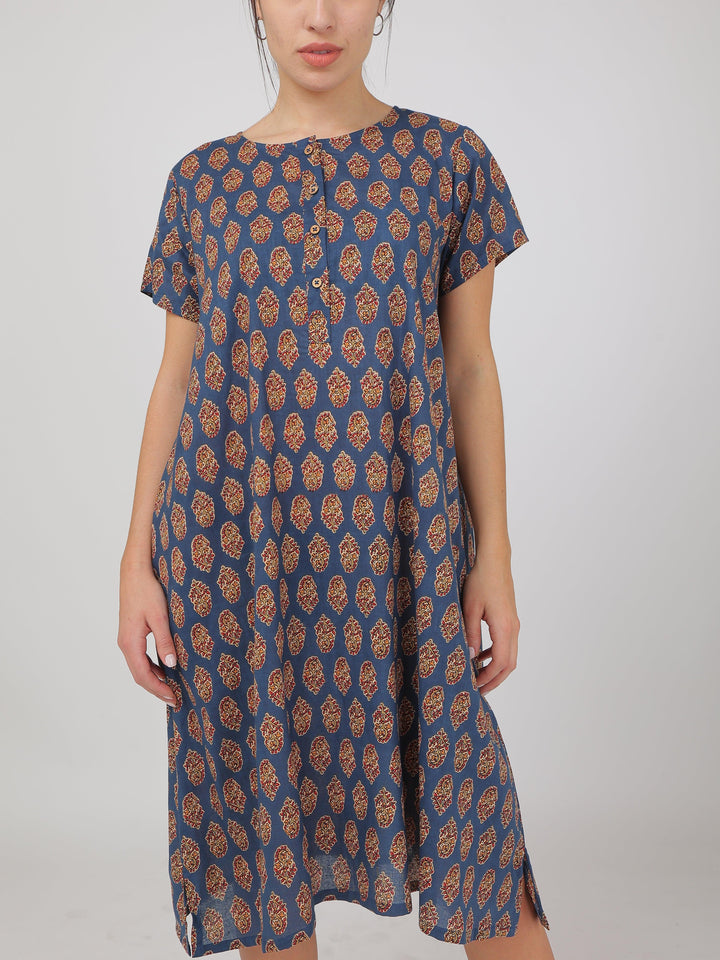 Jaipuri Blue Cotton Dress for Women | SHOBITAM
