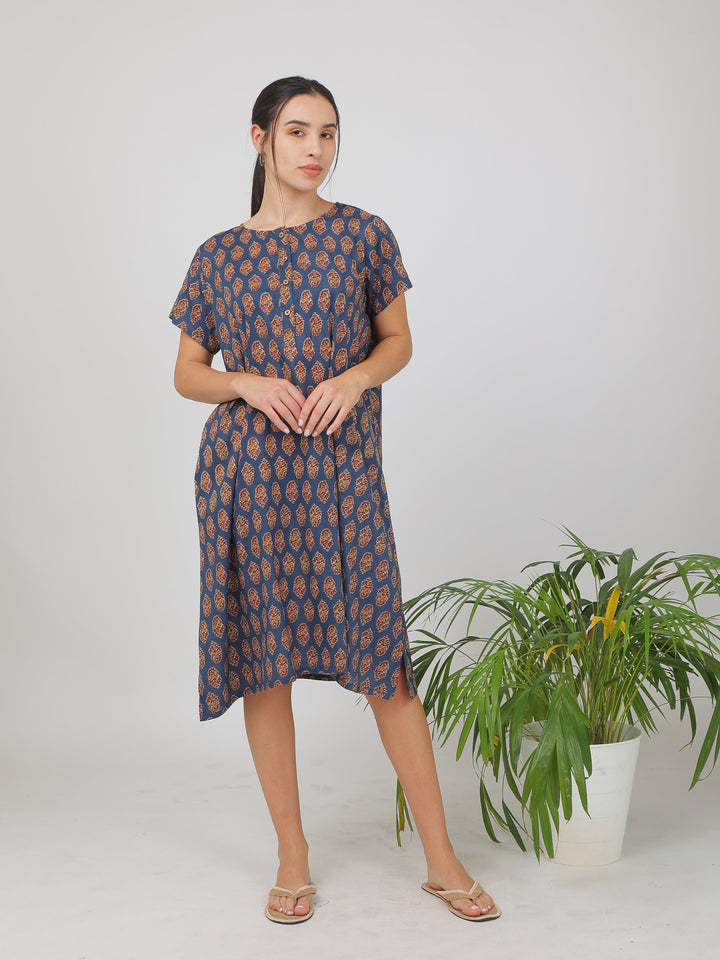 Jaipuri Blue Cotton Dress for Women | SHOBITAM