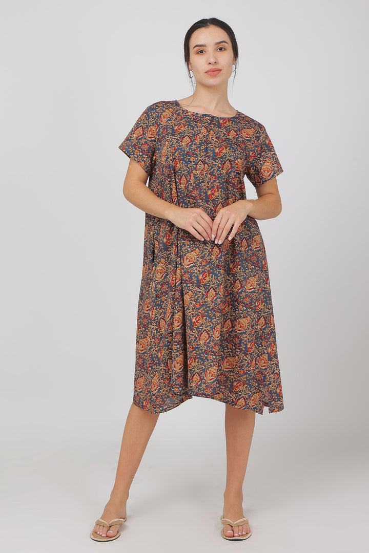 Jaipuri Blue Cotton Dress for Women | SHOBITAM
