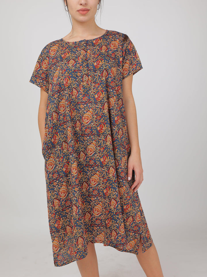 Jaipuri Blue Cotton Dress for Women | SHOBITAM