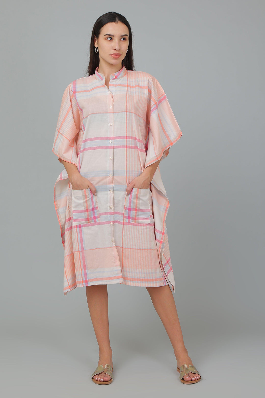Rosa Peach Cotton Checks Kaftan | SHOBITAM
