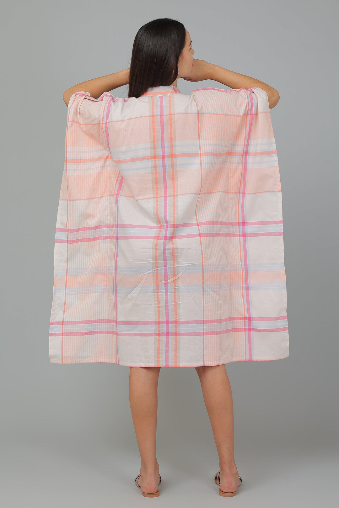 Rosa Peach Cotton Checks Kaftan | SHOBITAM