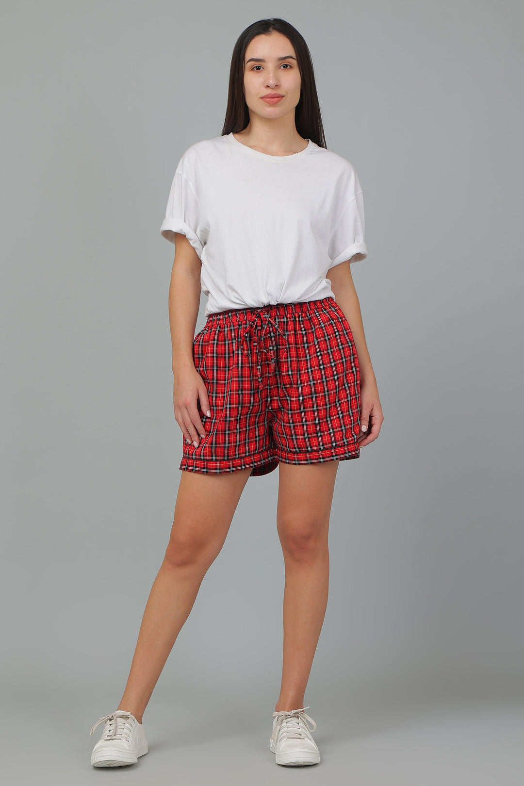 Brick Checks Cotton Loungewear Shorts | SHOBITAM