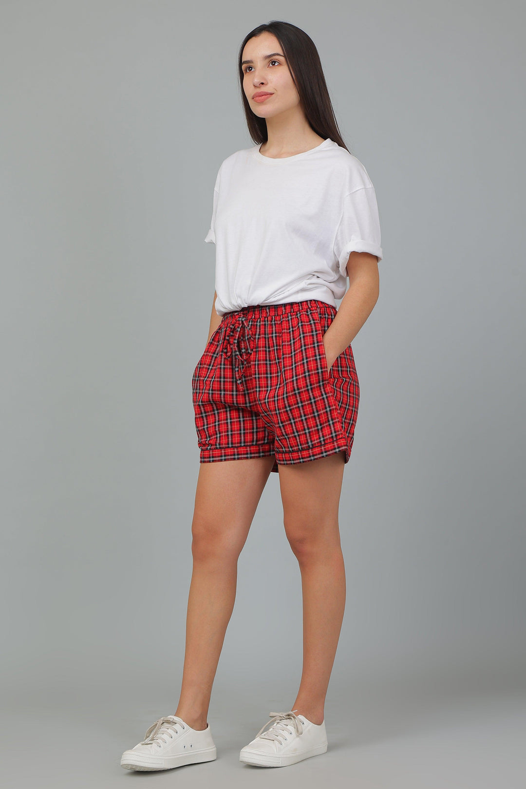 Brick Checks Cotton Loungewear Shorts | SHOBITAM