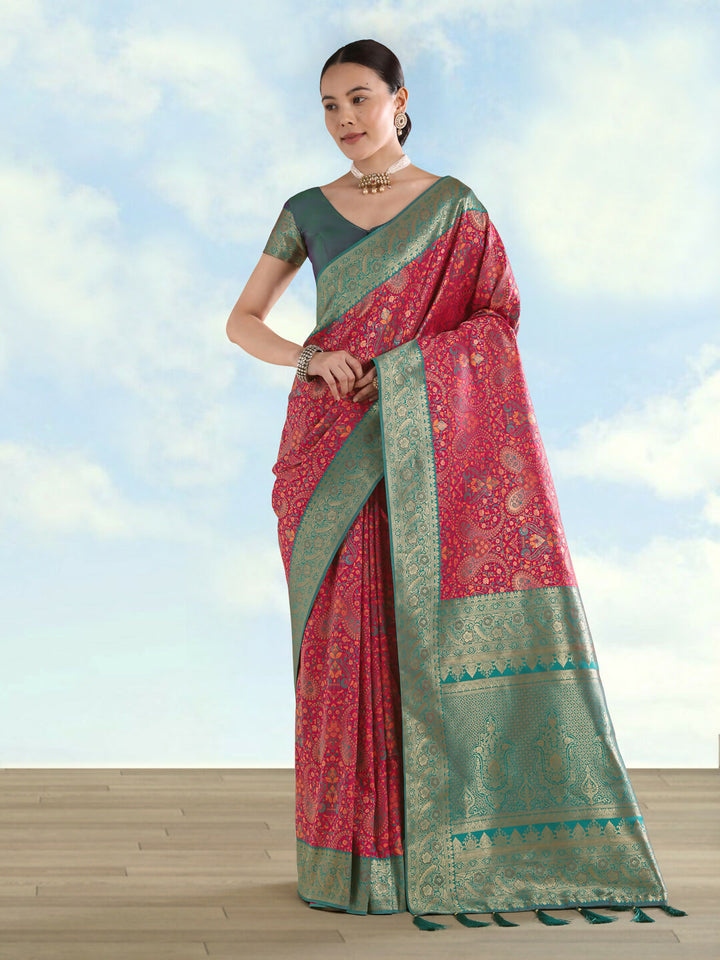 Rani pink Banarasi Semi Silk Saree With Traditional Paisley Weaves | SHOBITAM