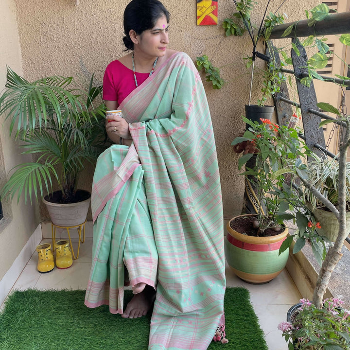 Pastel Green Handloom Bhujodi Cotton Saree | SHOBITAM