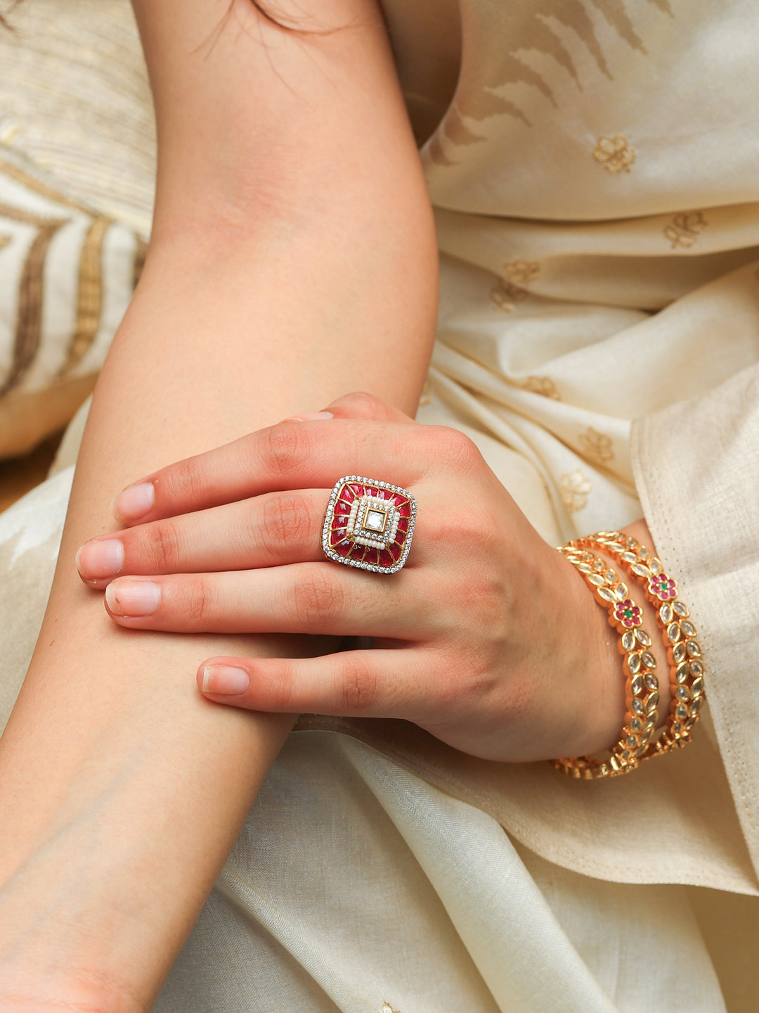 Ahilya Elegant Fusion Ruby Tone Ring | SHOBITAM