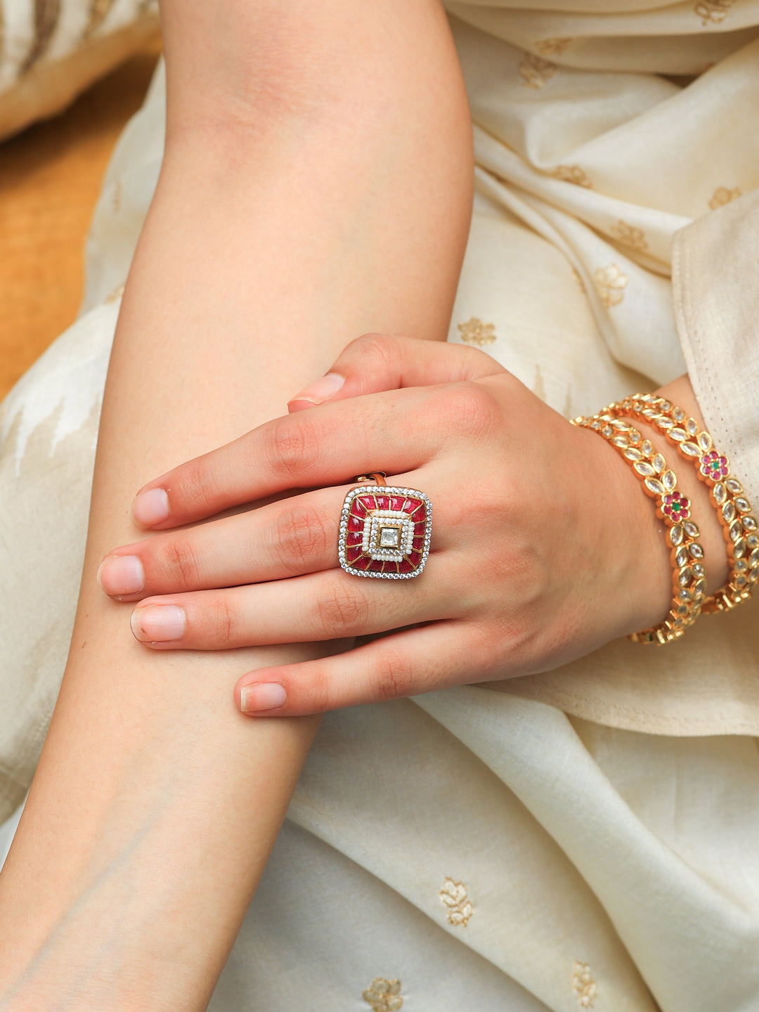 Ahilya Elegant Fusion Ruby Tone Ring | SHOBITAM