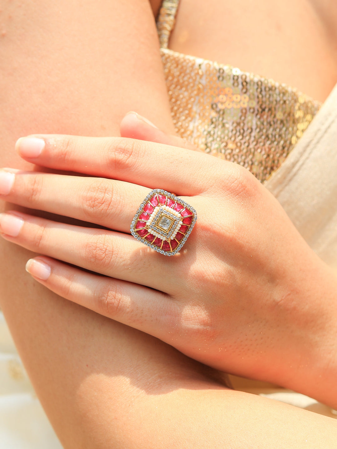 Ahilya Elegant Fusion Ruby Tone Ring | SHOBITAM