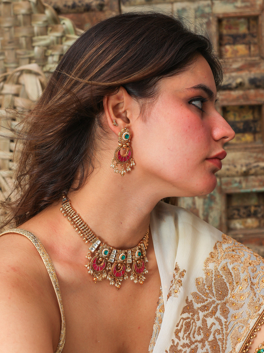 Arpan Temple necklace-Fuschia-set | SHOBITAM