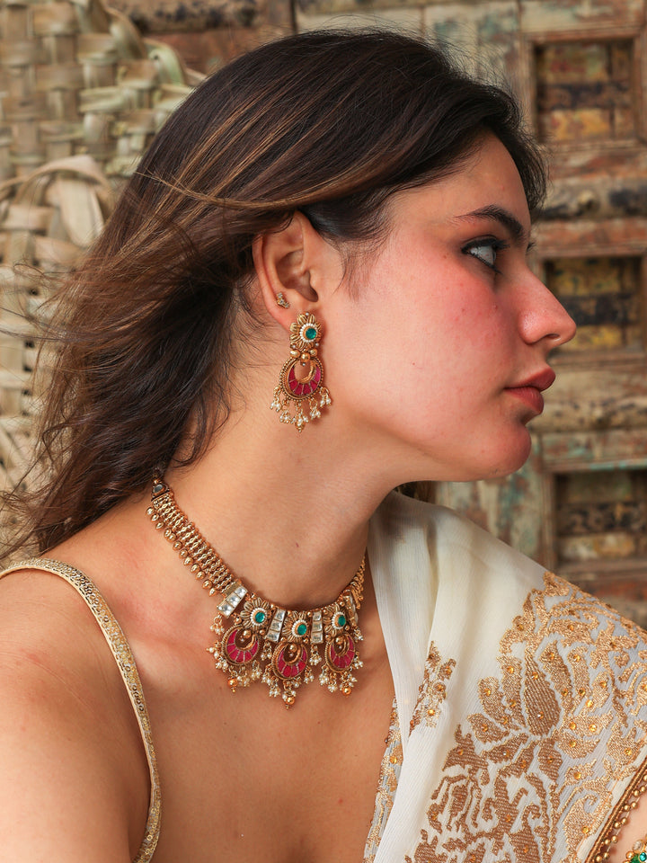 Arpan Temple necklace-Fuschia-set | SHOBITAM