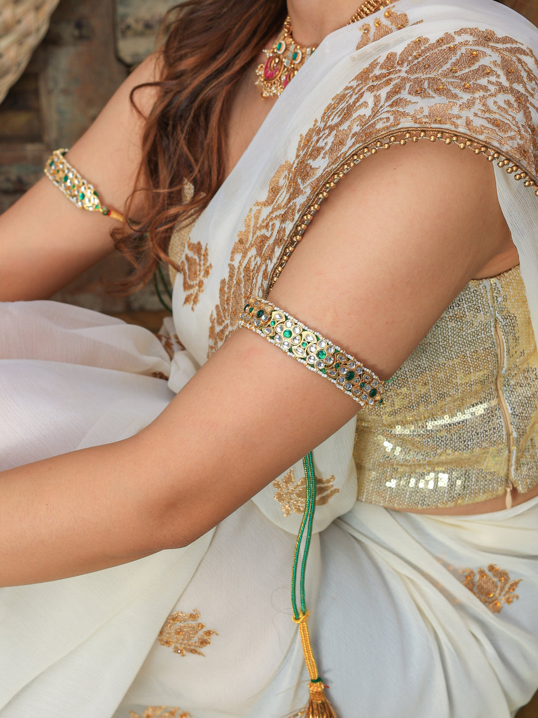 Padmani Flower design Green Pochi and Bajuband set | SHOBITAM