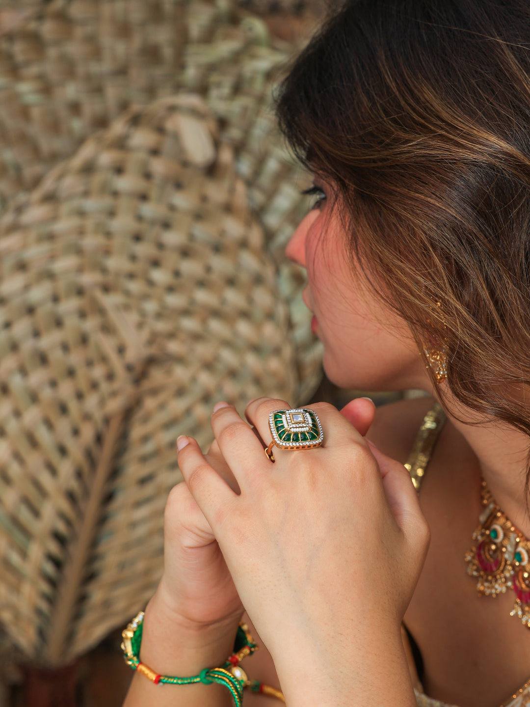 Ahilya Elegant Fusion Green Tone Ring | SHOBITAM