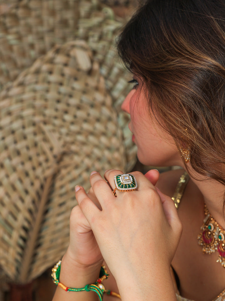 Ahilya Elegant Fusion Green Tone Ring | SHOBITAM