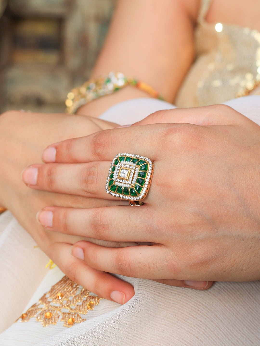 Ahilya Elegant Fusion Green Tone Ring | SHOBITAM