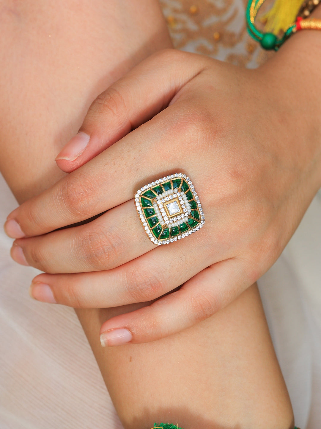 Ahilya Elegant Fusion Green Tone Ring | SHOBITAM