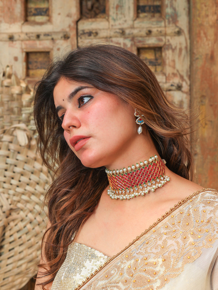Kanta Ruby tone Kundan choker with Pearl | SHOBITAM