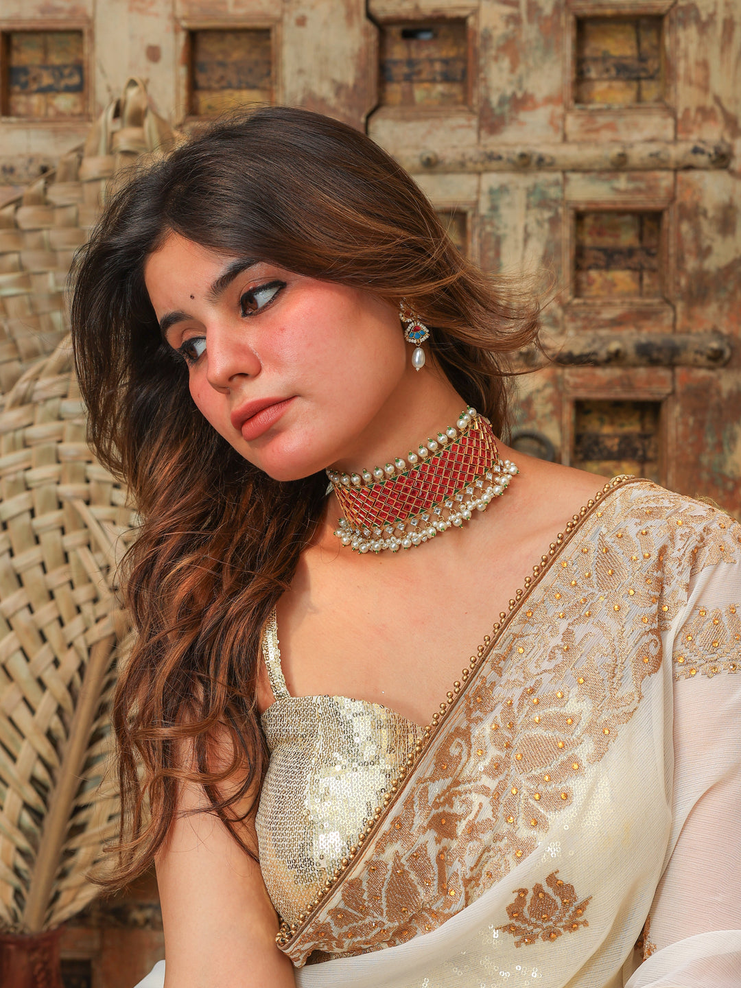 Kanta Ruby tone Kundan choker with Pearl | SHOBITAM