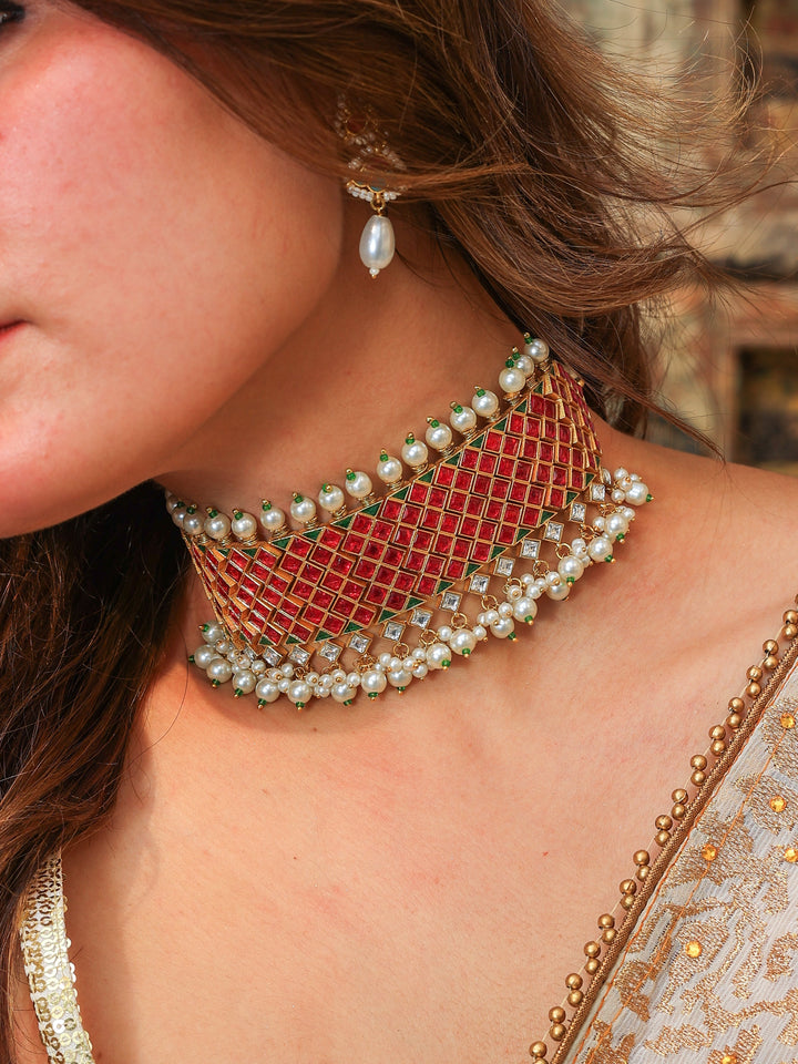 Kanta Ruby tone Kundan choker with Pearl | SHOBITAM