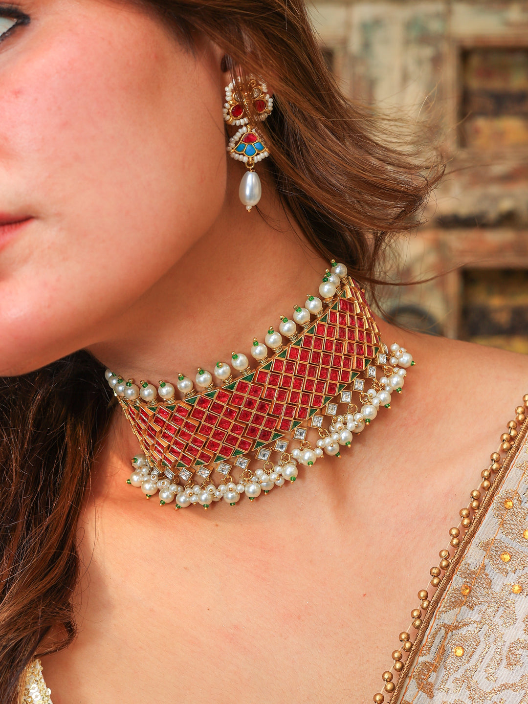 Kanta Ruby tone Kundan choker with Pearl | SHOBITAM