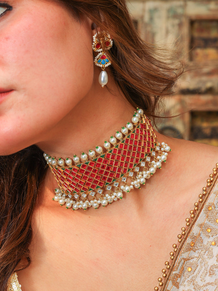 Kanta Ruby tone Kundan choker with Pearl | SHOBITAM
