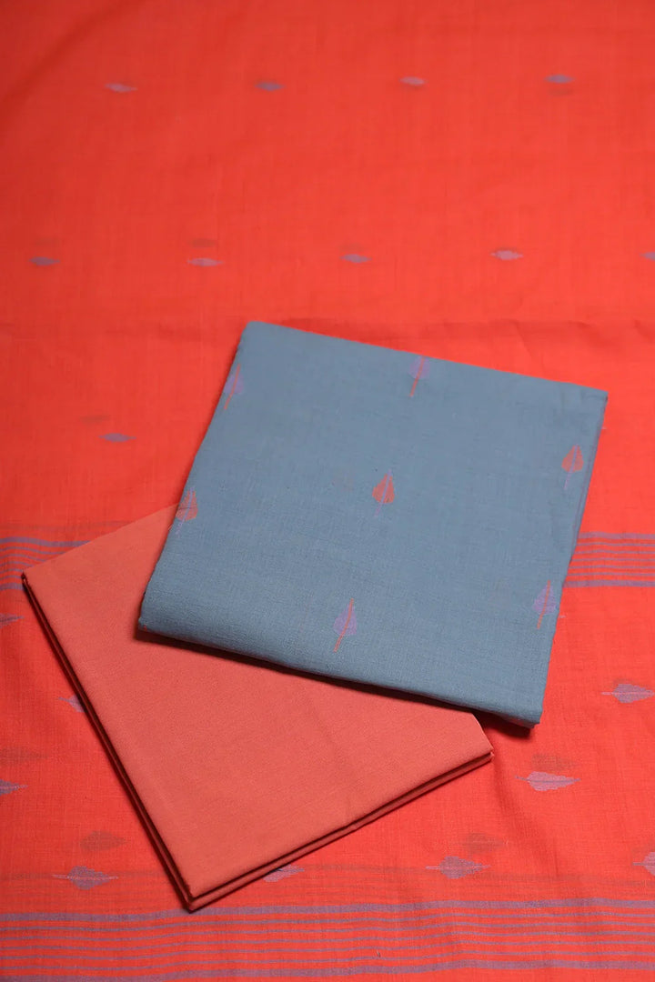 Handloom Zen Blue Pure Cotton Jamdani Suit Set With Dupatta | SHOBITAM