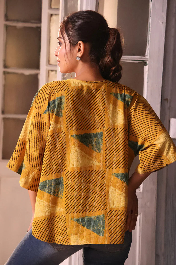 Mustard Yellow Cotton Ajrakh Shirt | SHOBITAM