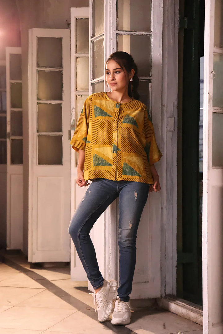 Mustard Yellow Cotton Ajrakh Shirt | SHOBITAM
