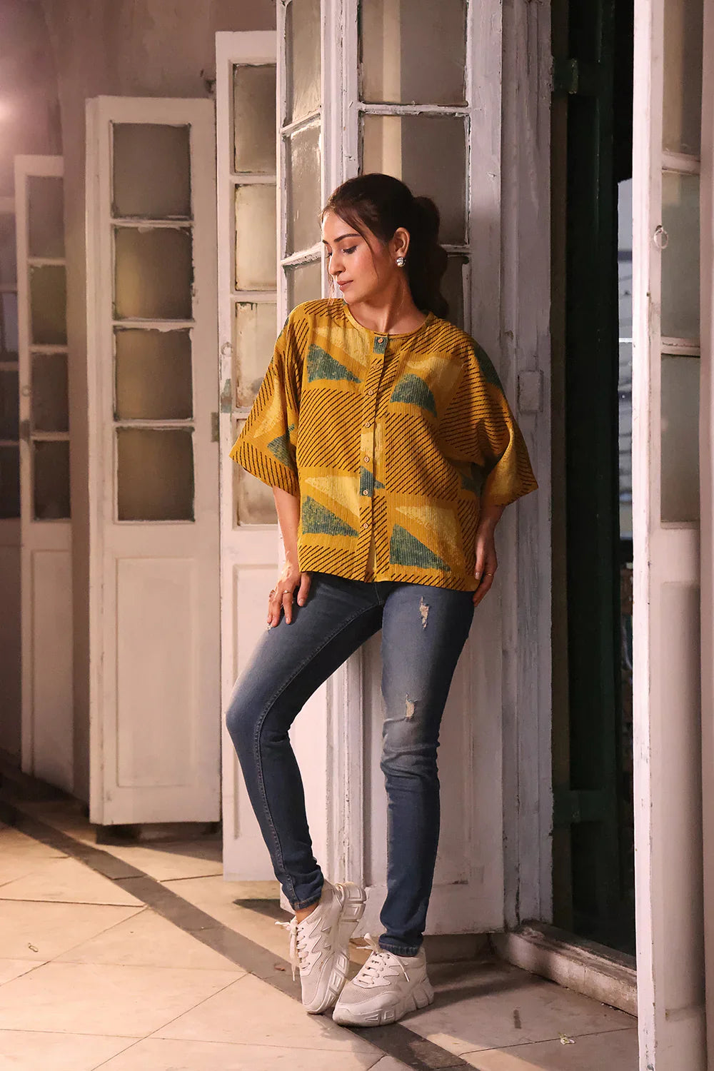 Mustard Yellow Cotton Ajrakh Shirt | SHOBITAM