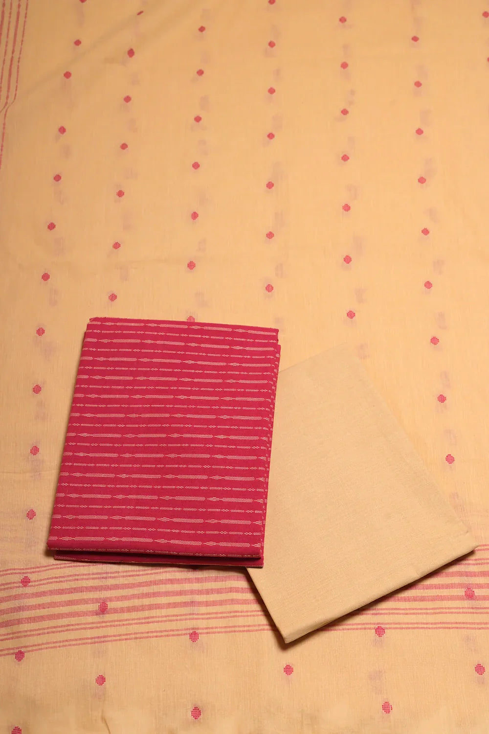 Pink & Beige Woven Suit Set with Subtle Buti & Dupatta | SHOBITAM