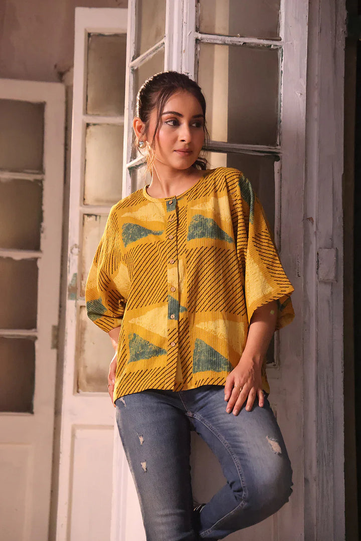 Mustard Yellow Cotton Ajrakh Shirt | SHOBITAM
