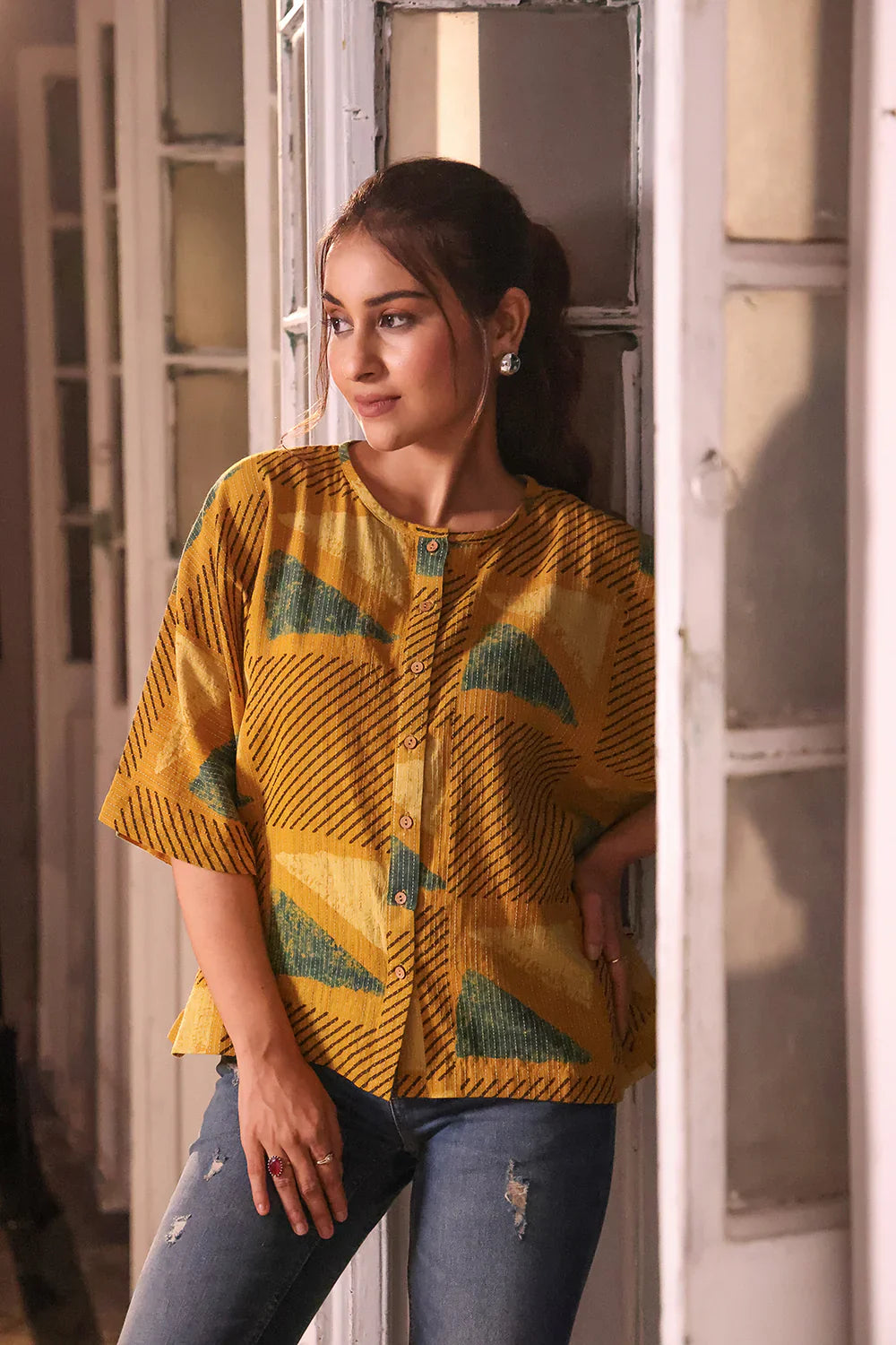 Mustard Yellow Cotton Ajrakh Shirt | SHOBITAM